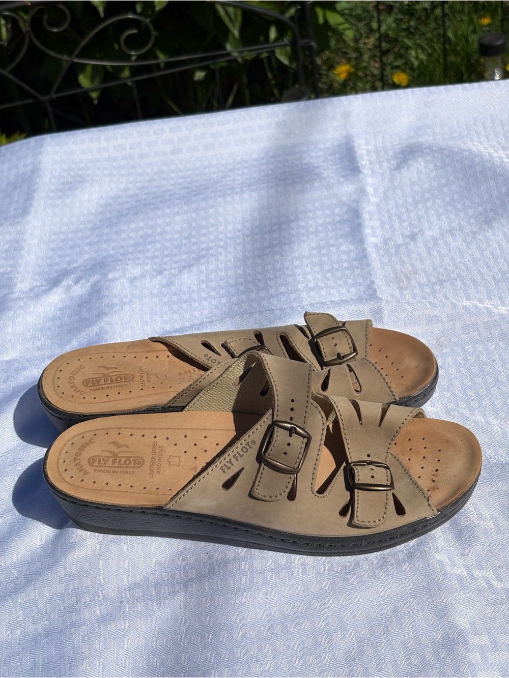 Fly Flot Women’s Taupe Slide Sandals with Adjustable Buckles